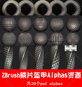 zbrush龙鳞盔甲笔刷 zb金属鳞片花纹alphas雕刻素材蛇蜥蜴身体