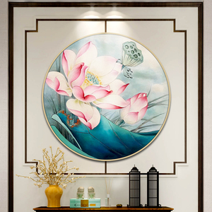 圆形手绘油画荷花装饰画工笔玄关走廊挂客厅背景墙壁画现代新中式