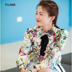 正品tuxee妻子的浪漫旅行包文婧同款衣服夏娃娃领荷叶边印花雪纺