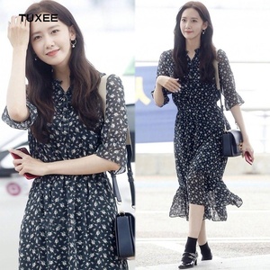 正品tuxee林允儿明星同款连衣裙清新长裙收腰碎花雪纺法国小众桔