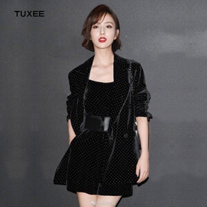 正品tuxee秋冬女装明星同款波点丝绒西装外套 吊带 系腰带短裤套