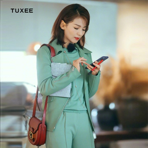 正品tuxee亲爱的客栈刘涛同款衣服浅绿色皮衣夹克外套开叉西装