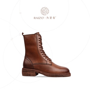 RAIZO为爱者 2023秋冬新款手工擦色马丁靴女短靴棕色 舒适真皮底