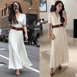 正品tuxee夏时装周明星郑秀妍同款淑女白色a型百褶裙中长款连衣裙