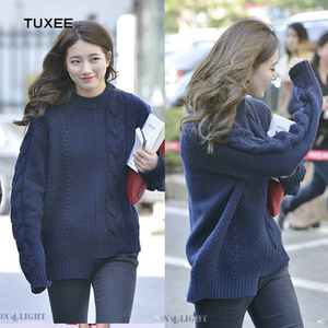 tuxee当你沉睡时裴秀智韩剧明星同款衣服藏青色套头针织毛衣女