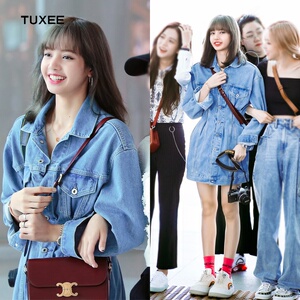 正品tuxee2022新明星lisa同款蓝色收腰牛仔裙长袖港风连衣裙