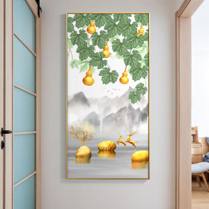 五福临门新中式入户玄关装饰画竖版葫芦壁画现代进门镇宅走廊挂画