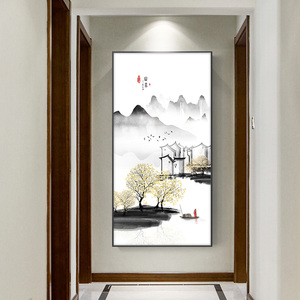 玄关装饰画走廊过道背景墙竖款中国风壁画禅意山水画客厅水墨挂画