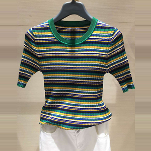 阿玛施官网旗舰店2021春夏新款休闲显瘦条纹冰丝短袖针织t恤衫女