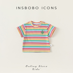 儿童T恤彩虹条纹女童韩版上衣时髦洋气男童短袖新款百搭INSbobo