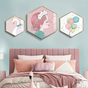 北欧风格儿童房装饰画女孩卧室床头挂画粉色公主房间布置墙面壁画