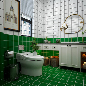 卫生间墨绿色瓷砖墙面翻新自粘墙贴纸地板耐磨地贴格子六边形壁纸
