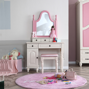 美式全实木儿童公主梳妆台小户型妆台欧式粉色女孩化妆收纳桌带镜