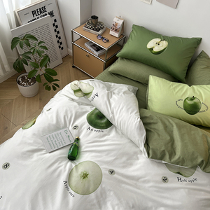 ins风绿色个性款四件套青苹果印花床单床笠款纯棉全棉100床上用品