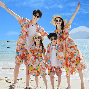 亲子装夏装一家三口四口花衬衫套装三亚海边出游度假母女装沙滩裙