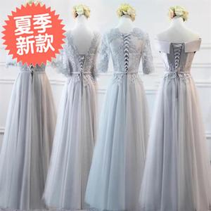 指挥伴娘团礼服气4质合唱裙蕾丝后背绑带演出服学生纱裙毕业灰色