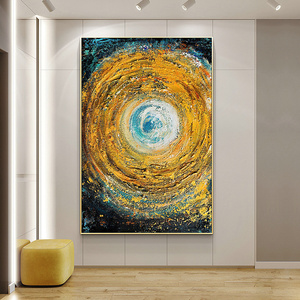 手绘油画复式客厅玄关挂画走廊竖版抽象装饰画金黄色壁画定制大气