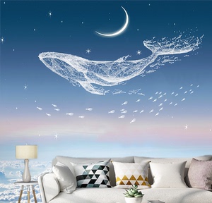 3d立体线条手绘鲸鱼墙纸客厅电视背景墙壁纸卧室抽象装饰壁画墙布