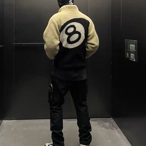 自主stussy秋冬加厚双面穿羊羔毛摇粒绒黑八台球印花外套夹克高街