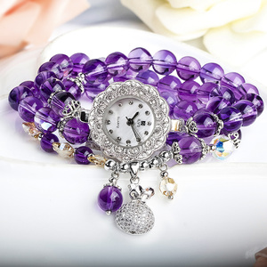 天然粉紫水晶时尚潮流个性复古水钻清新防水指针式石英手链手表女