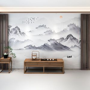 新中式竹木纤维水墨山水画集成护墙板客厅电视背景墙扣板装修墙板