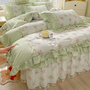 韩版全棉床裙款三四件套100纯棉床罩荷叶边被套罩床单小清新碎花