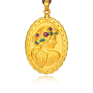 999足金女王牌吊坠3d硬金珐琅浮雕希腊女神方牌黄金坠子黄金项链