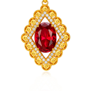 999足金镶嵌圆形红色宝石吊坠纯黄金异菱方形挂坠5d硬金坠子个性