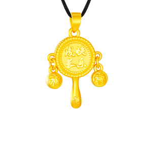 足金999拨浪鼓黄金吊坠24k纯金项链女款宝宝金挂坠子满月礼物新款