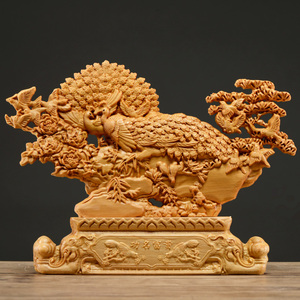 崖柏木雕功名富贵孔雀开屏摆件实木花开富贵带雕刻工艺品乔迁礼品