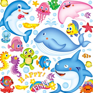 卡通海洋贴纸卫生间装饰海豚贴画防水游泳馆儿童房可爱动漫简约