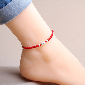 纯银脚链女性感红绳编织平安珠红绳脚链子男情侣本命年简约脚绳