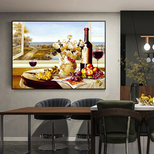 现代简约餐厅装饰画酒柜餐桌墙上的横版墙面简欧饭厅水果油画墙画