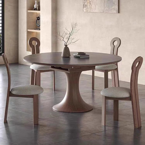 可折叠圆形实木岩板餐桌椅组合家用小户型侘寂风现代简约拉伸桌子