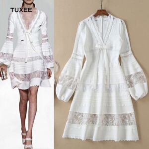 正品tuxee2020春夏明星同款女装高尚走秀款v领灯笼袖罗马棉拼蕾丝