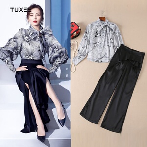 正品tuxee2020早秋新款女装明星同款系带领长袖抽象印花衬衫 开叉