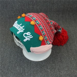 外贸原单成人男女圣诞帽耳朵毛球圣诞节帽子亲子针织帽儿童毛线帽