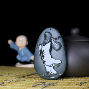 翡翠a货达摩祖师玉吊坠 糯冰种墨翠吊坠天然翡翠挂件豆青种达摩牌