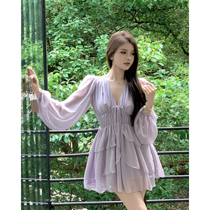 紫色v领系带连衣裙女夏季御姐风长袖褶皱收腰短裙法式雪纺a字裙子