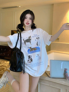 狗狗印花圆领短袖T恤女夏季韩版中长款白色宽松显瘦百搭休闲上衣