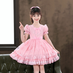 女童洛丽塔公主裙正版夏季儿童生日新款萝莉塔夏装粉色短袖连衣裙
