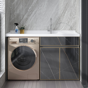 定制黑色大理石纹洗衣机柜阳台组合洗衣池台槽盆面伴侣一体柜切角
