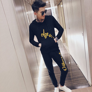 春秋季社会精神小伙卫衣男连帽套装韩版潮流修身网红潮牌两件套男