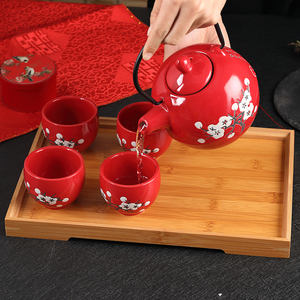 日式和风陶瓷功夫茶具套装结婚礼品韩式茶杯花草茶具红色茶壶套装