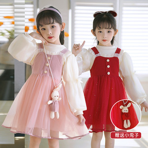 女童连衣裙春秋季两件套2024长袖洋气儿童套装公主裙甜美宝宝裙子