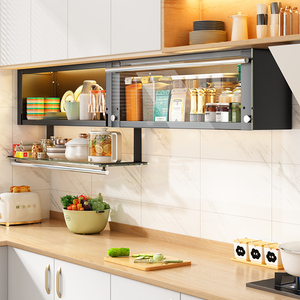 壁挂式厨房吊柜下置物架免打孔橱柜墙上翻盖玻璃门调料收纳柜挂架