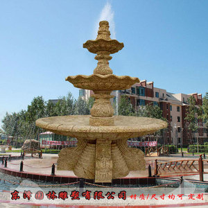 流水欧式喷泉黄锈石户外石雕水钵大型水景观庭院装饰摆件花盆石盘