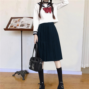 pipi酱jk制服正统纯色基础款白三本不良80cm百褶裙浓绀色黑色长裙
