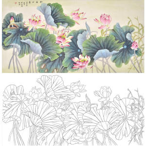 a150白描底稿仇谷工笔横幅四尺六尺花鸟荷花和美四季工笔画白描底