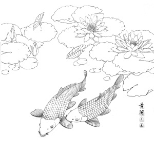 黄河老师工笔画底稿鲤鱼荷花斗方白描4#打印稿宣纸稿有步骤图
